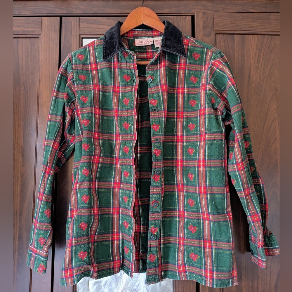 Vintage Christmas Flannel Cotton Button Down Shirt Green Red Plaid Collar Small
